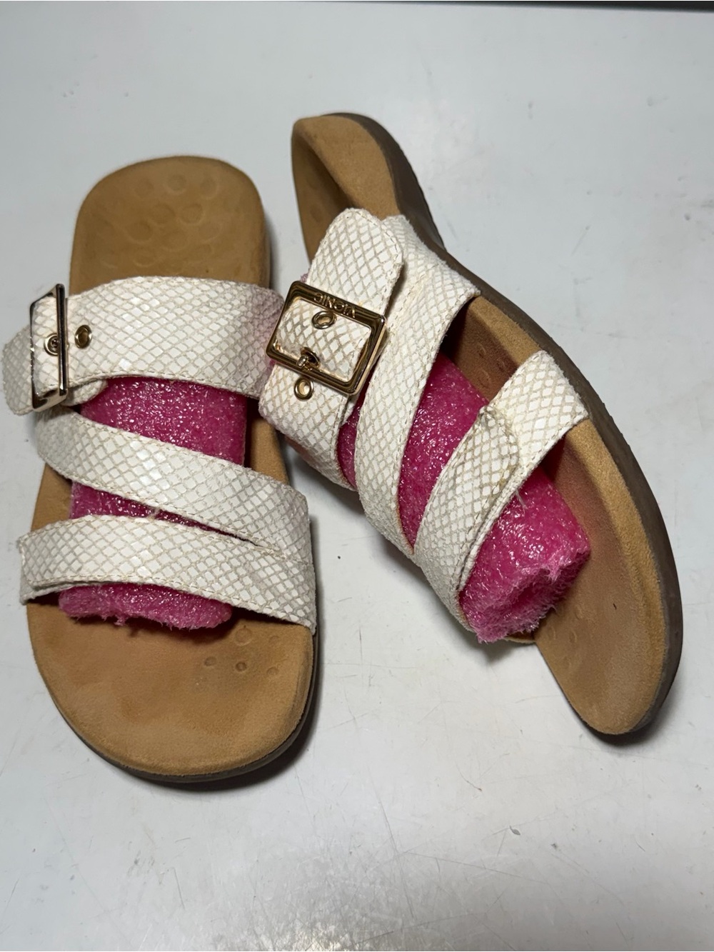Vionic Women’s 7 Skylar White Triple-Strap Sandals with Gold Buckles